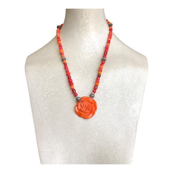 Boho Statement Necklace Orange Red Beaded Resin Rose Pendant Hook Clasp - Picture 2 of 6